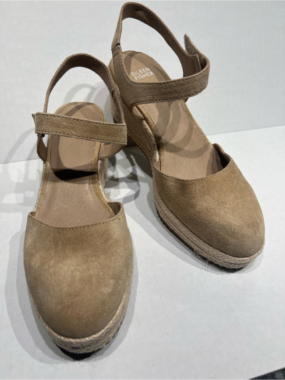 Eileen Fisher Tan Suede Espadrille Wedge Sandals with Ankle Strap Sz10
